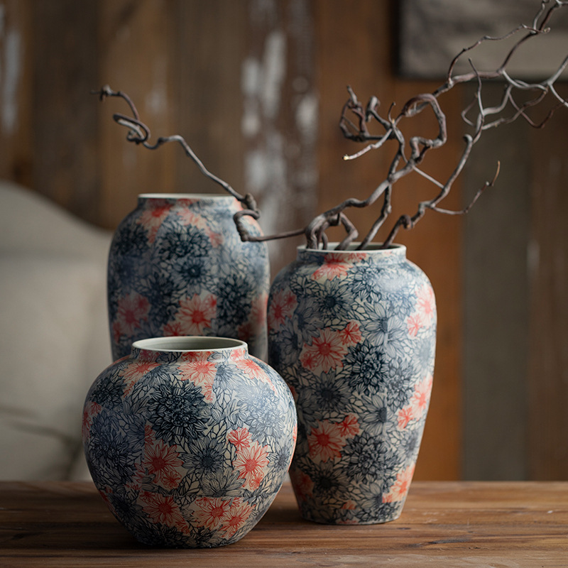 Jingdezhen New Chinese-style Vase Ceramic Ornaments Living Room Flower-arranging Coarse Pottery Vintage Pottery Pot Flower Pot Dried Flower Vase Flower Vase
