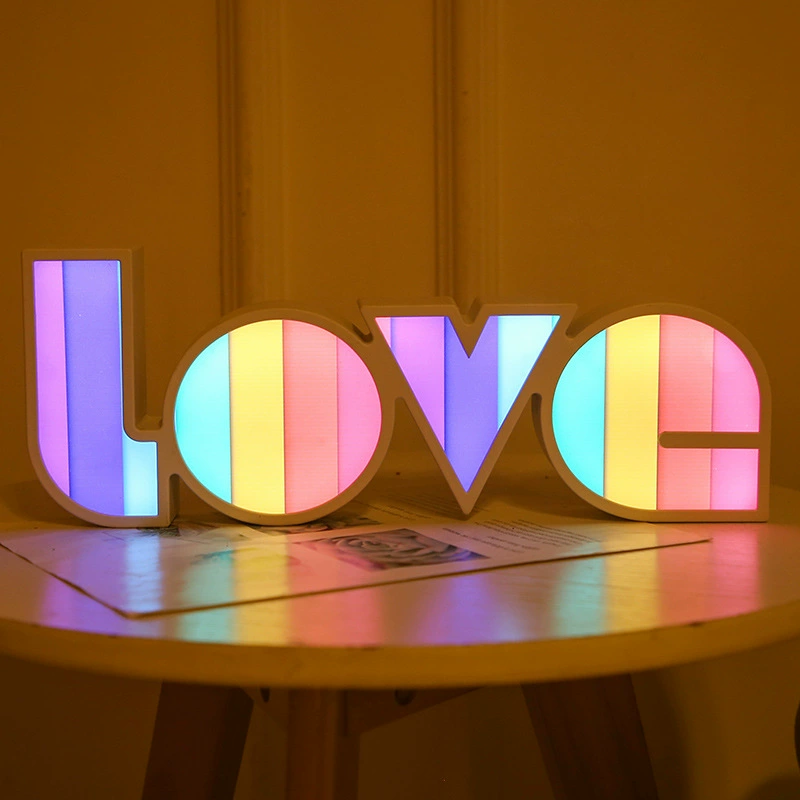 LED English‑letter decoration "LOVE", multicolor gradient sign, 40×20×6 cm, Valentine’s proposal decor