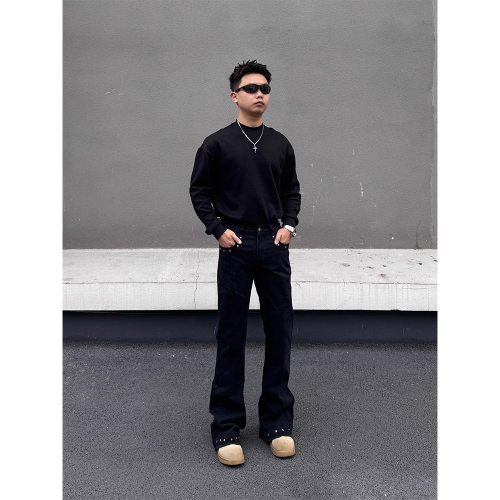 Retro Patchwork Streetwear Jeans Grey Black Men's Distressed Denim Button Fly Slight Flare_voghion.com