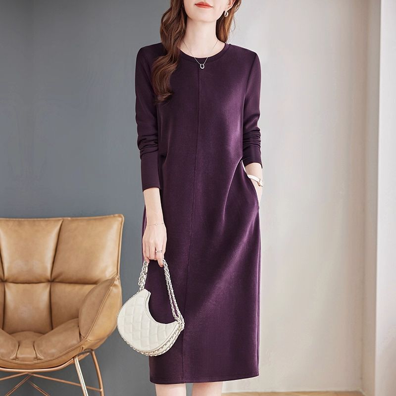 Purple Long-Sleeved Dress, New Spring and Autumn Style, Plus-Size Fashionable Women's Clothing for Fat Girls, Loose and Slimming Straight Mid-Length Dress Purple Long-Sleeved Dress, New Spring and Autumn Style, Plus-Size Fashionable Women's Clothing for Fat Girls, Loose and Slimming Straight Mid-Length Dress