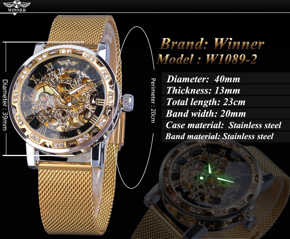 Vinnare Manual Mechanical Watch Herrs populära Rhinestone Hollow Mesh Band Watch Mode och fritid_voghion.com