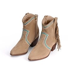 美拉德欧美跨境新款布面绒面中跟踝靴流苏骑士短靴女款靴子牛仔靴