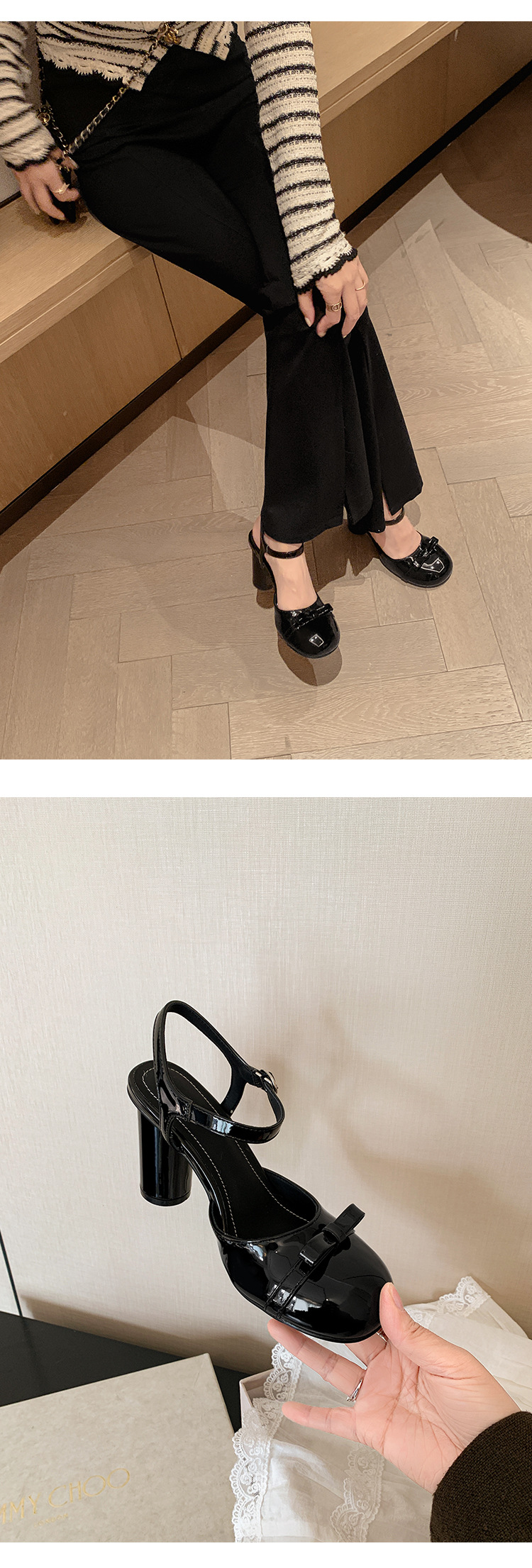 Sandal cao gót nữ mũi nhọn quai ngang nơ bướm, gót vuông ổn định — màu đen, Rượu vang đỏ, màu mơ chi tiết 10