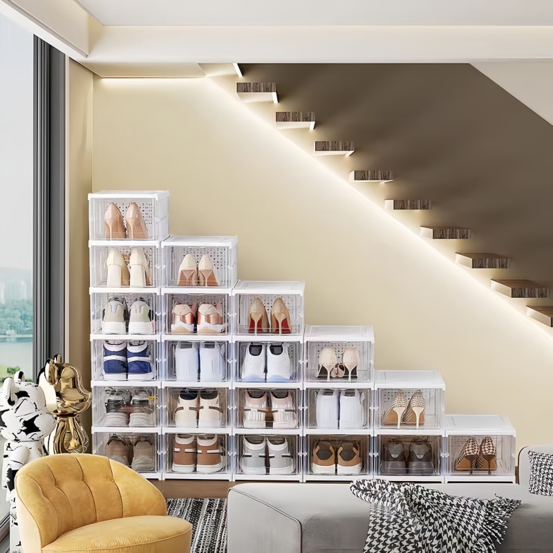 Caja de zapatos plegable de instalación gratuita, use una colección simple, estante de gabinete de zapatos, almacenamiento, ahorro de espacio, a prueba de polvo, transparente al por mayor
