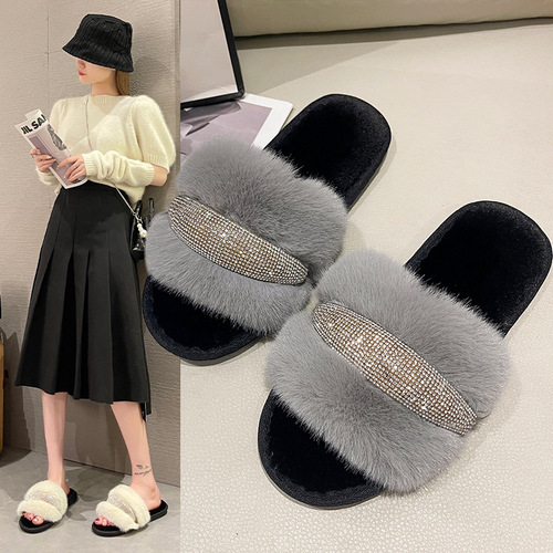 Foreign trade new style fur crystal diamond flat slippers women's fashionable high and low wool one-word open cotton slippers cross-border