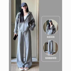 秋冬季休闲运动套装女2025新款慵懒风宽松连帽灰色卫衣阔腿两件套