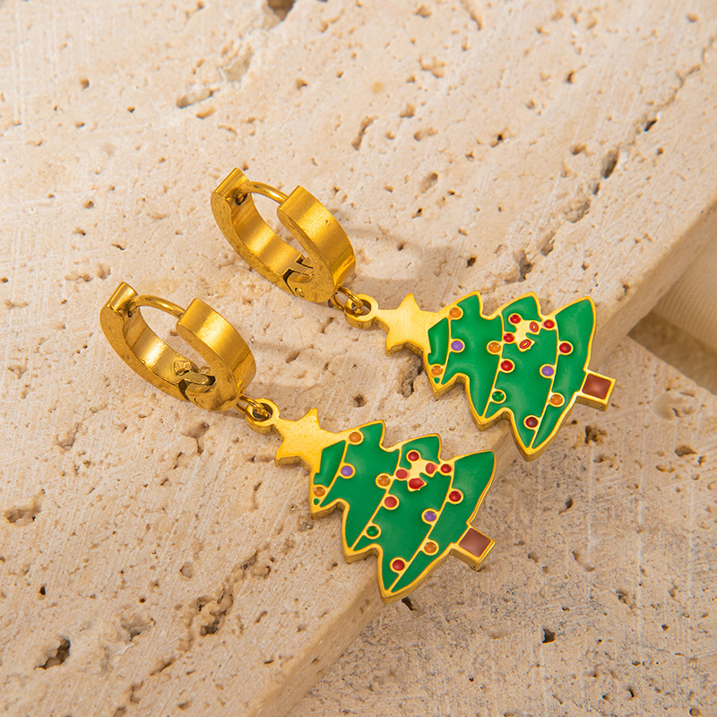 1 Pair Christmas Cute IG Style Christmas Tree Santa Claus Elk Enamel Titanium Steel Drop Earrings display picture 7