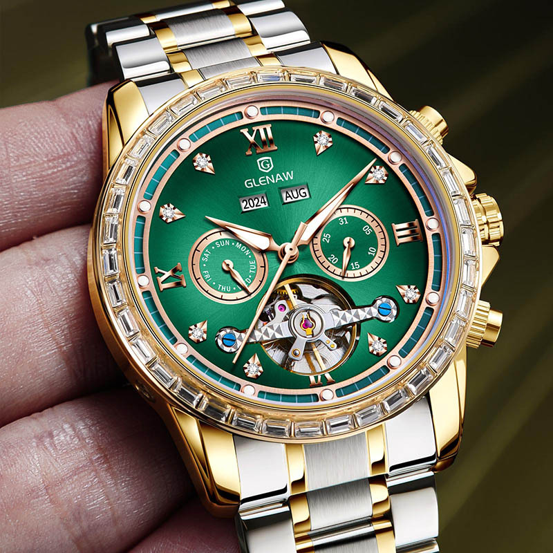 Đồng hồ nam automatic lộ máy dây thép — Xám mặt bạc vỏ bạc dải thép, Dải thép Intergold, Dải thép đen vỏ bạc, Hồng Shell Green Side thép dải