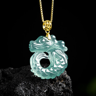 Natural A Jade Blue Water Dragon Fish Pendant 18K Gold Inlaid Ice Jade Pendant Fashion Women's Jade Pendant Necklace