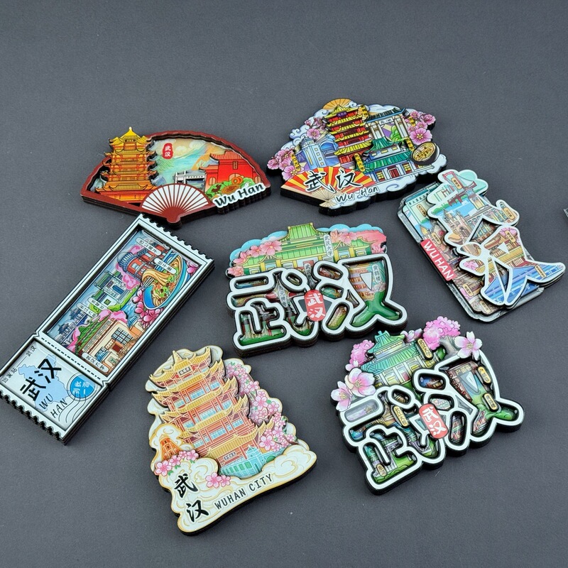 [Wuhan Series] Popular City Attractions Cultural and Creative Souvenirs Wooden Three-Layer Glue Dropping Magnetic Refrigerator Stickers Wholesale