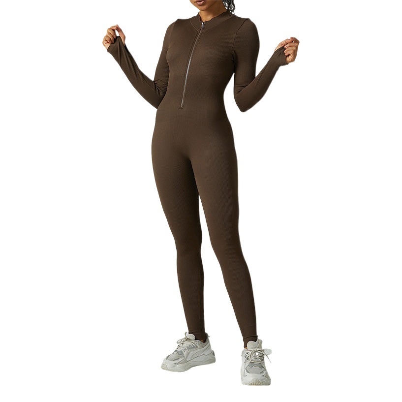 Tronos de yoga sin costuras transfronterizos Deportes Fitness Cremallera de alta resistencia Ropa de yoga de una pieza de hilo ajustado de manga larga Mujeres