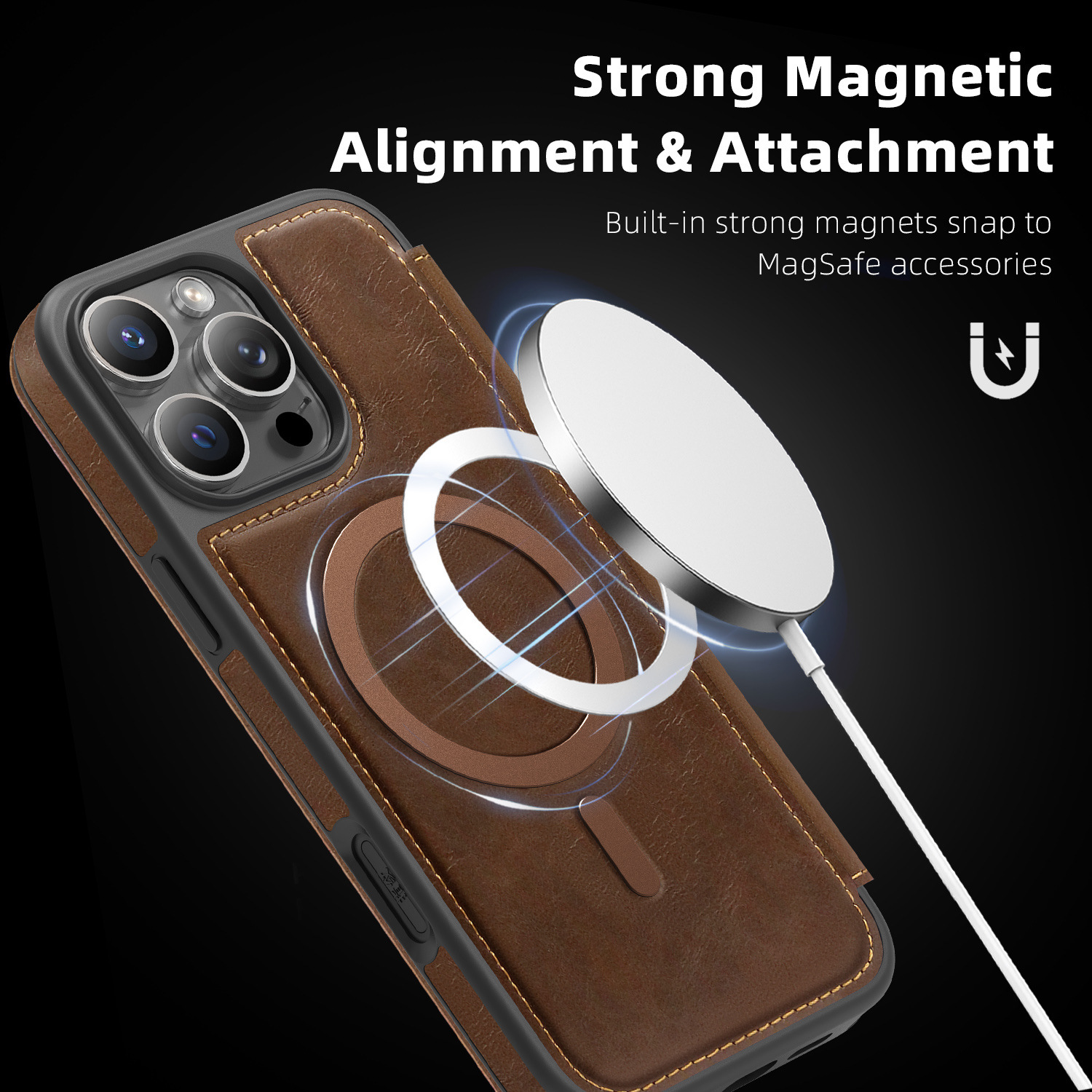 Ốp lưng da từ tính có khe đựng thẻ cho iPhone 16 Pro Max, chống sốc — Màu đen, Màu xanh ngọc, Màu cà phê, Xám vàng titan chi tiết 9