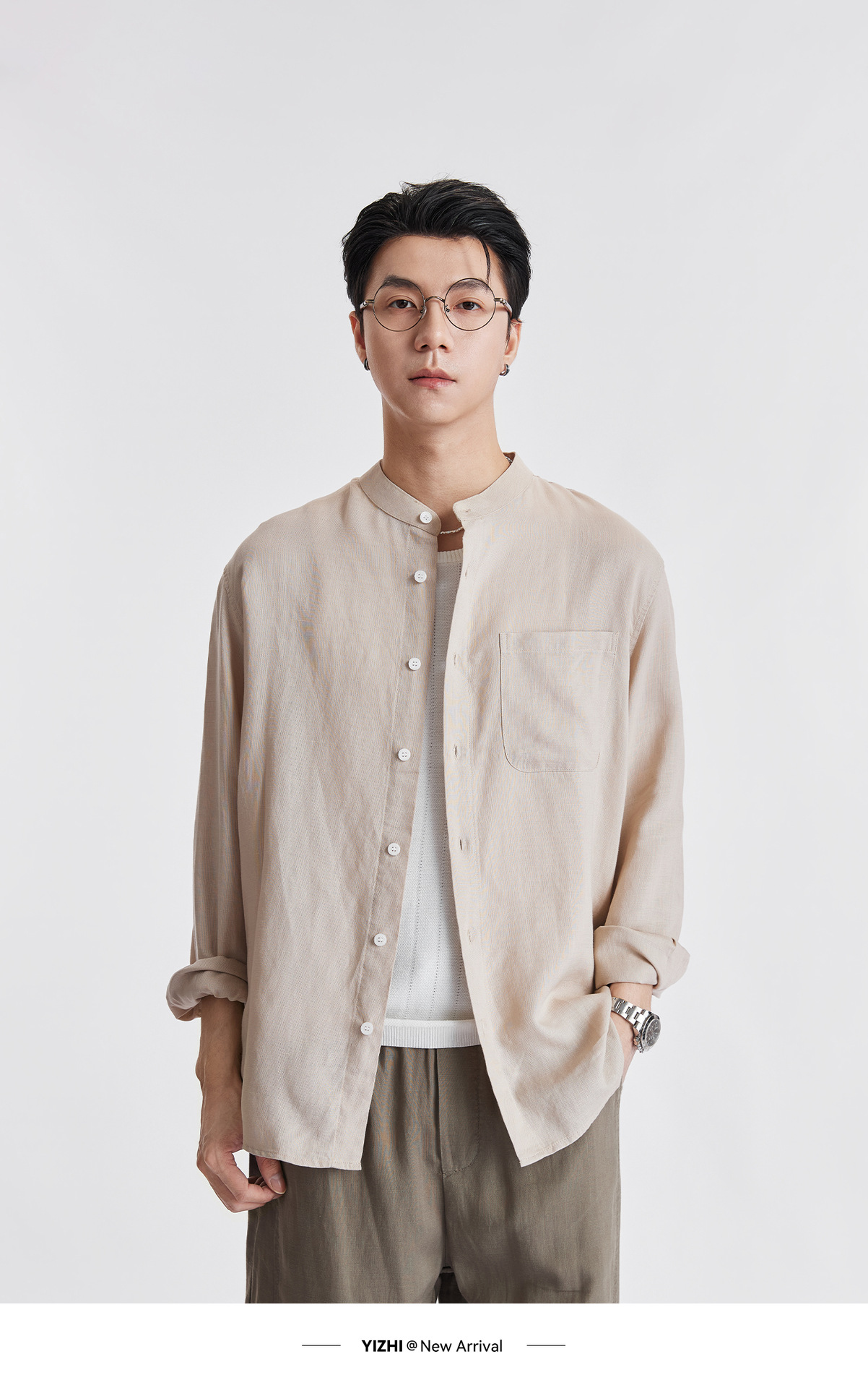 Áo sơ mi nam linen cổ đứng tay dài mùa hè, chất liệu lanh thoáng khí, phong cách Trung Hoa, túi đơn — Xanh navy chi tiết 24
