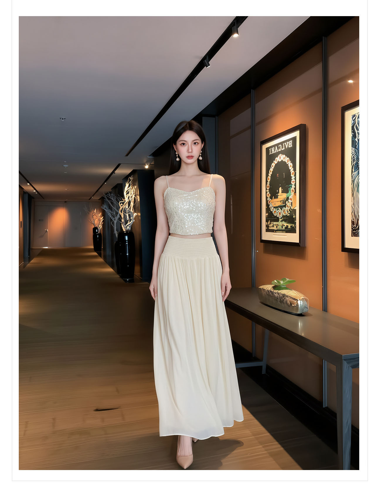 Bộ đầm maxi thắt eo phong cách quốc phong cao cấp — Gạo trắng Sling, bộ đồ, Quần dài màu hạnh chi tiết 10