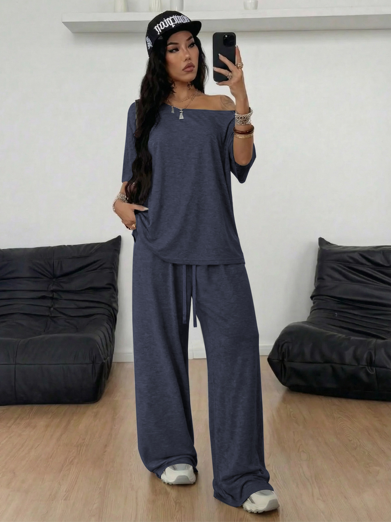 Women's Pant Sets Solid Color Casual Loose Wide Leg Two Piece Suit_voghion.com