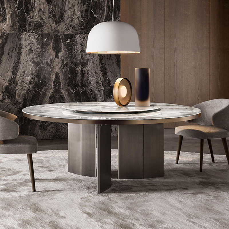 Italian Light Luxury Dining Table Modern Round Art Restaurant Dining Table with Turntable Home Marble Dining Table and Chair Combination