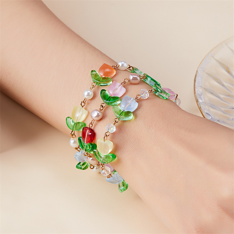 IG-Stil Blume Imitationsperle Legierung Harz Frau Armbänder display picture 3