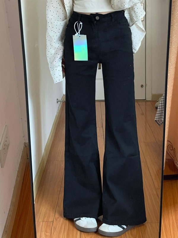 黑色不贴腿微喇牛仔裤女秋季大码胖mm宽松显瘦梨形身材阔腿喇叭裤|undefined