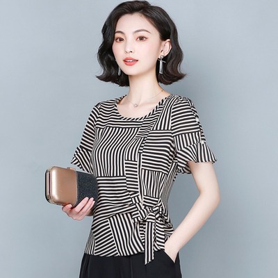 条纹t恤女短袖妈妈装夏季时尚洋气配阔腿裤的上衣大码收腰雪纺衫|ms