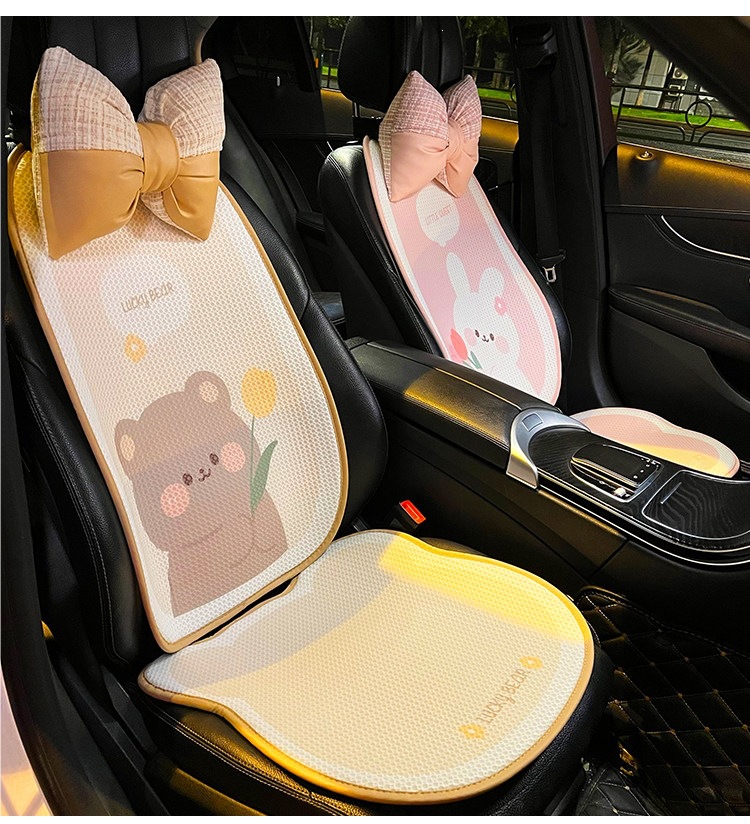 Car Seat Cushion Summer Ice Silk High-Quality Cartoon Cute Rear Ventilated Seat Cover Universal for All Seasons for Women