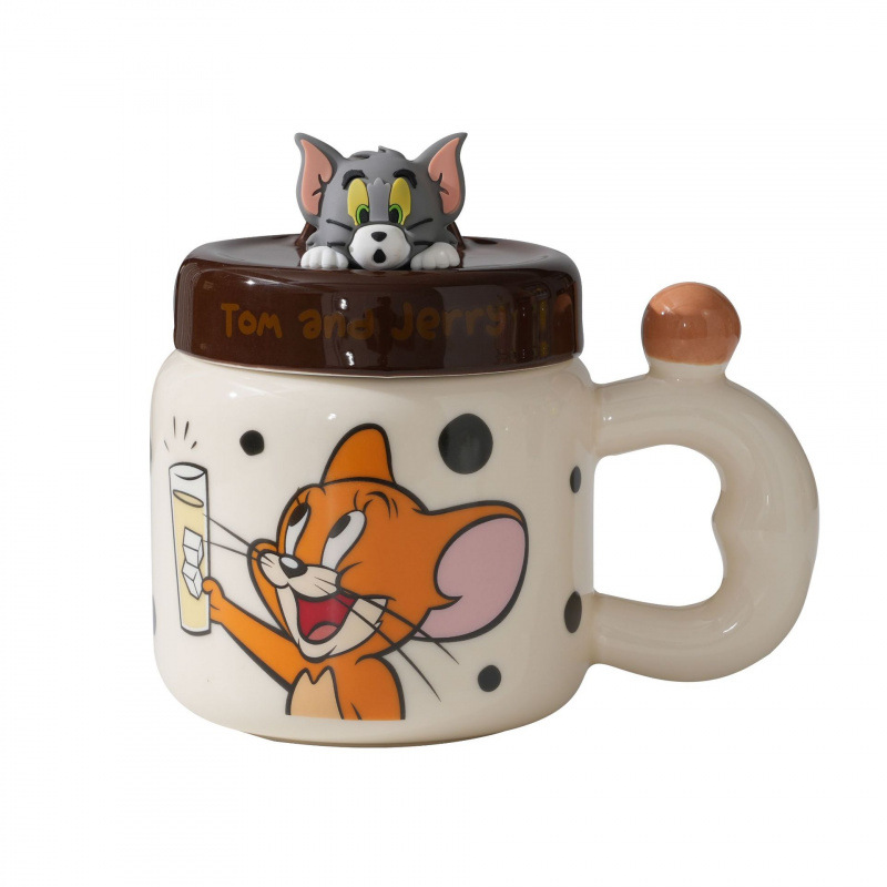 Gato y ratón con tapa de cerámica mug creativo encantador características divertidas originales soporte de teléfono de café taza de té