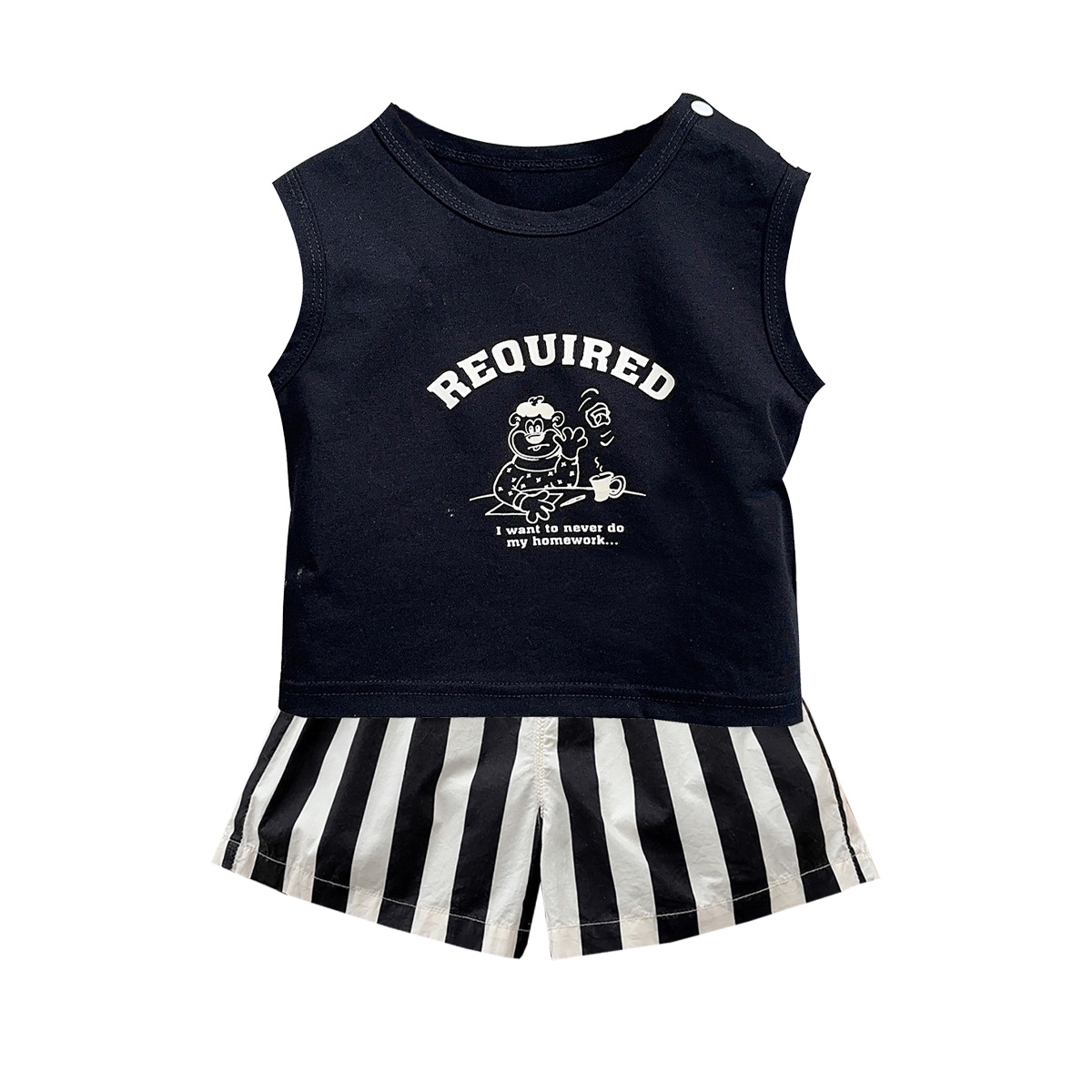 Traje de estilo coreano pequeño chaleco de bebé de verano con pantalones cortos a rayas, lindo juego de tres piezas de capa de panda