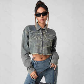 欧美跨境2026春夏季新款外贸亚马逊女士牛仔上衣拉链绣花牛仔外套