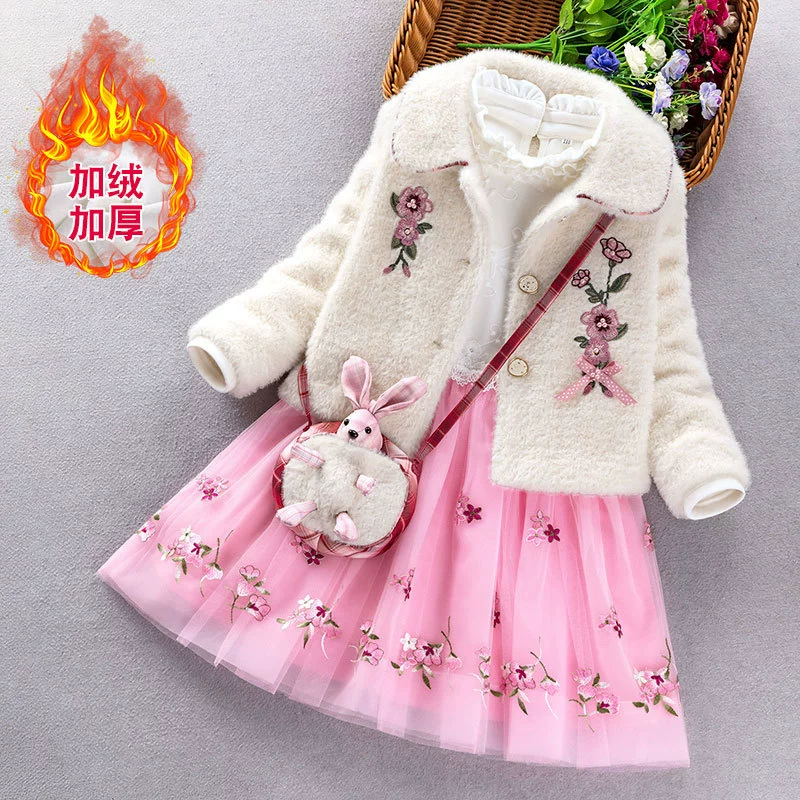 Demi-season warm dress, skirt, set, velvet children's down jacket, small princess costume, children's clothing