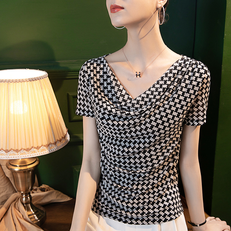 Summer Bright silk off-neck top women's slim fit slimming short sleeve 2022 summer new houndstooth T-shirt small shirt