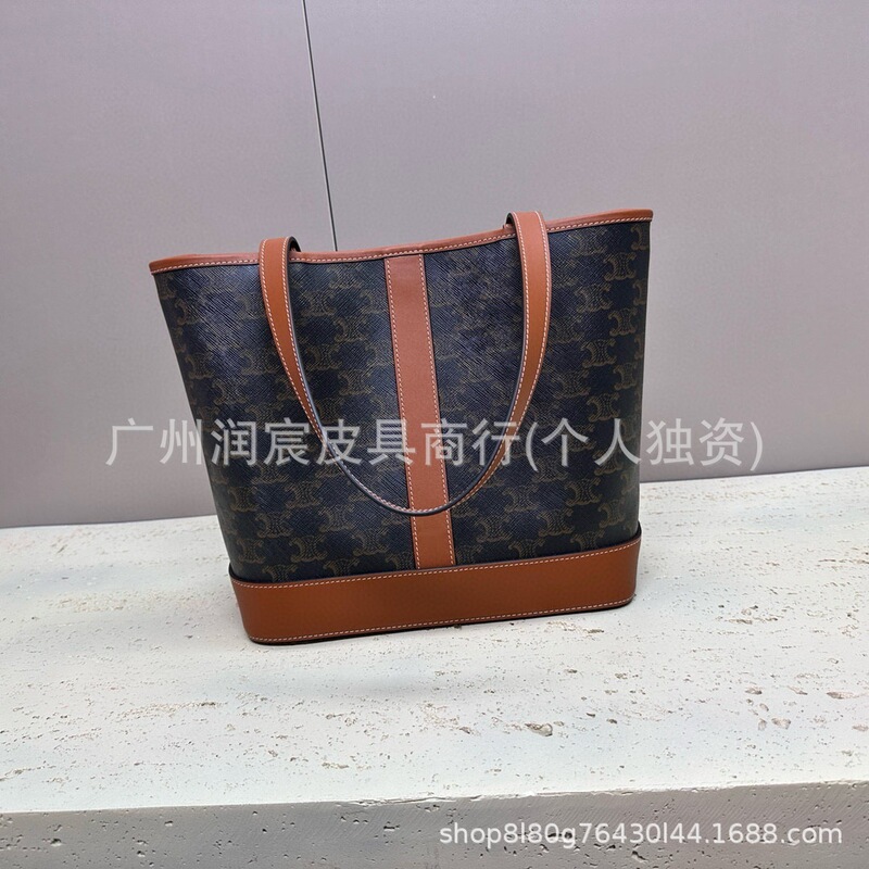 Dropshipping Presbyopic Arc De Triomphe Satchel Bucket Bag Canvas and Leather Triomphe Canvas Logo Print