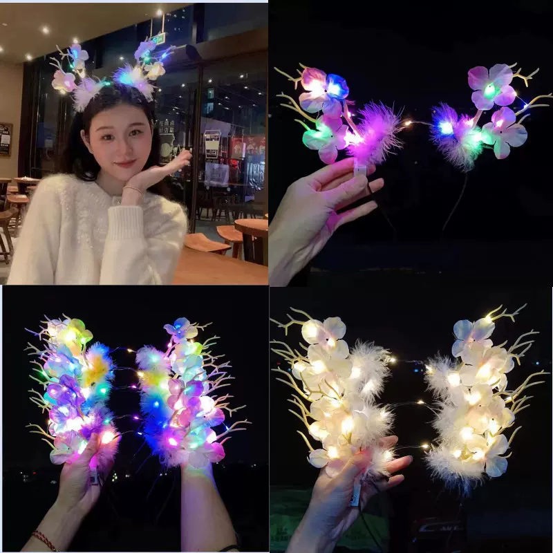 摆摊新款发光发箍大号梅花羽毛鹿角发饰圣诞发箍地摊发光玩具批发