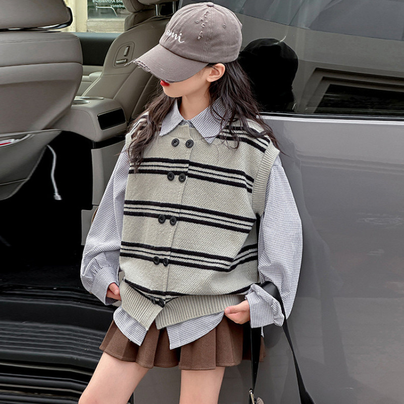 女童针织毛衣马甲衬衫秋季2025新款儿童韩系洋气大童早秋穿搭套装|undefined
