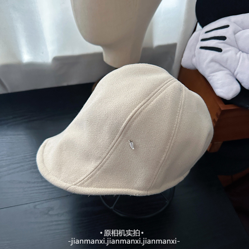 软檐毛呢纯色鸭舌帽子女秋冬时尚显脸小贝雷帽简约百搭保暖前进帽|undefined