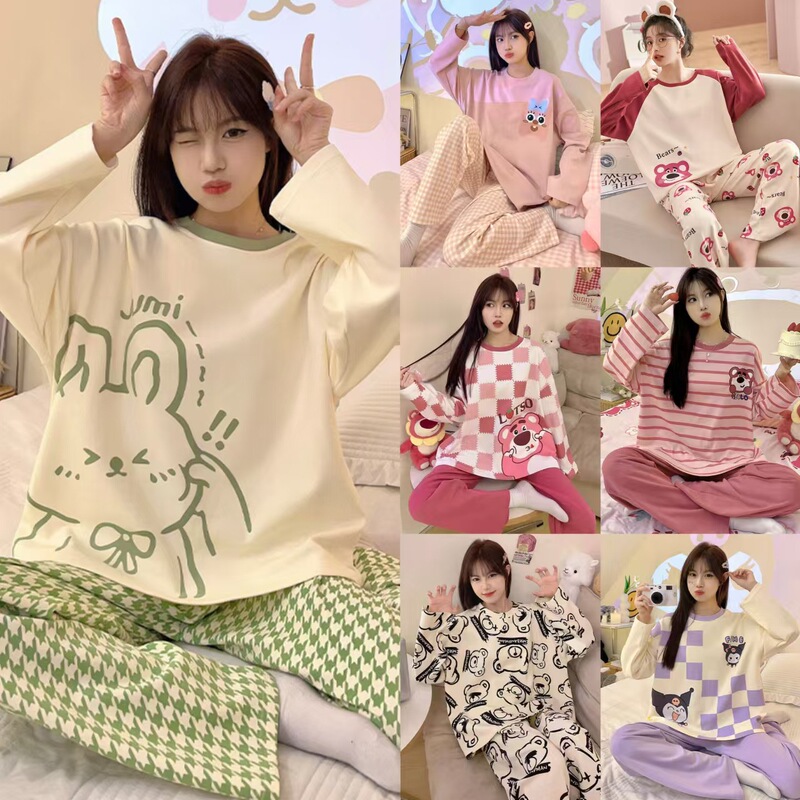 2024 New Spring and Autumn Pajamas Women's Autumn Long Sleeve plus size Thin Cartoon Cute Strawberry Bear Home Clothes Women