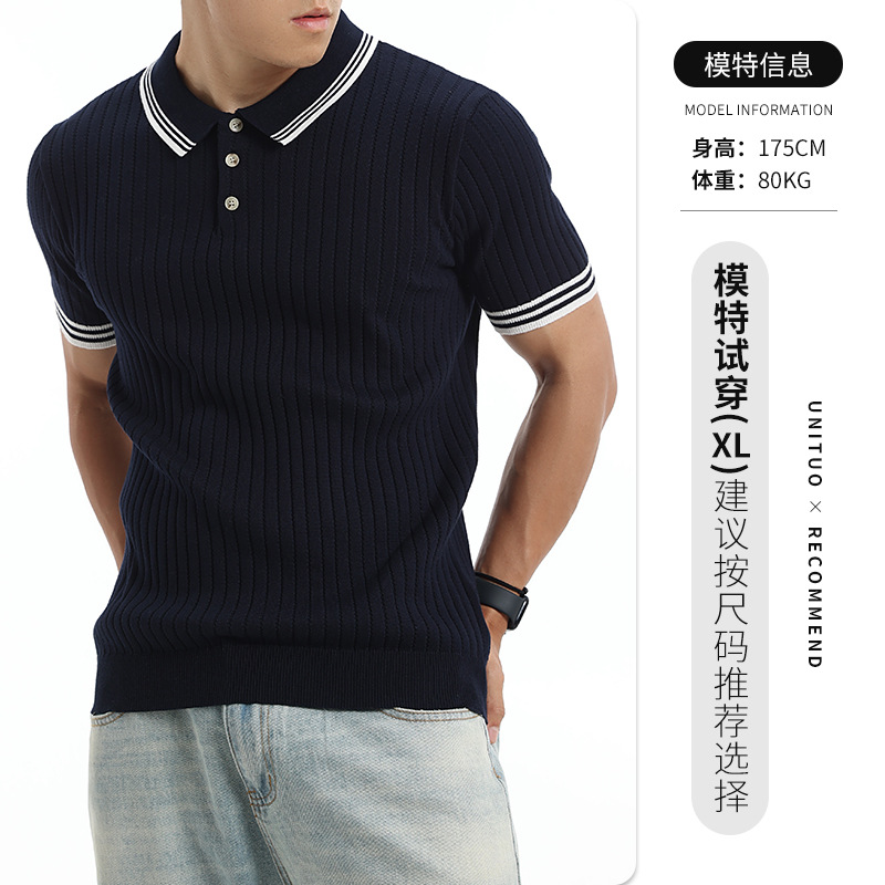 Verano Europa y América transfronterizos hombre collar de contraste vertical rayas de hielo polo camisa transpirable de mangas cortas de negocios ropa casual para hombres