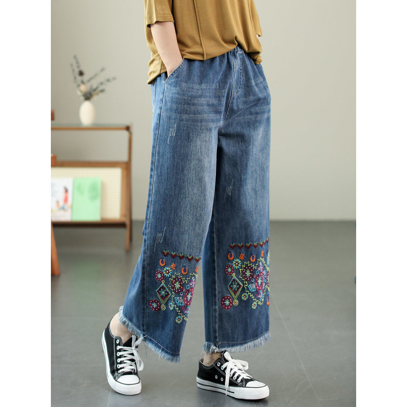 Ethnic Style Jeans for Women 2025 Spring & Fall Elastic High-Waist Embroidered Loose and Stylish Flesh-Covering Nine-Point Wide-Leg Pants