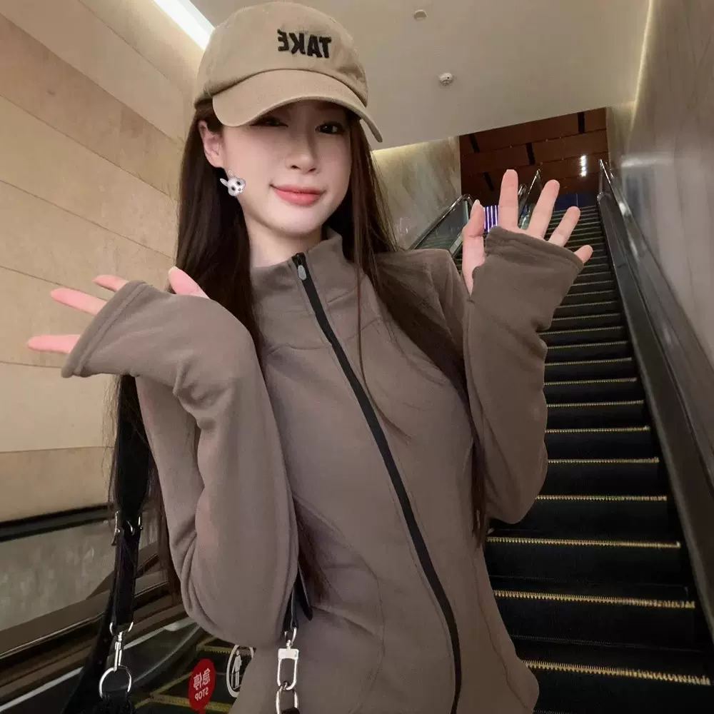 【工厂现货】秋冬季加绒德绒开衫外套修身显瘦气质运动服上衣女装