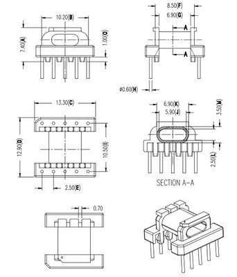 EPC13磁芯骨架臥式5+5針排距10.5mm高頻變壓器材料