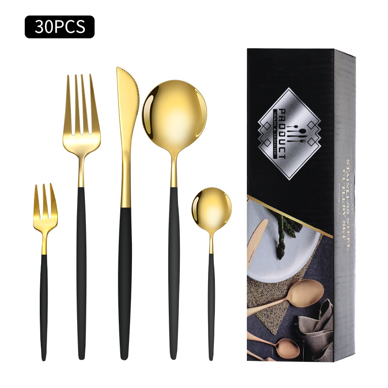 Cruz-Frontera de acero inoxidable vajilla portugués cuchillo y tenedor conjunto de 30 piezas de comida occidental cuchillo de filete de oro y cuchara de la caja de regalo