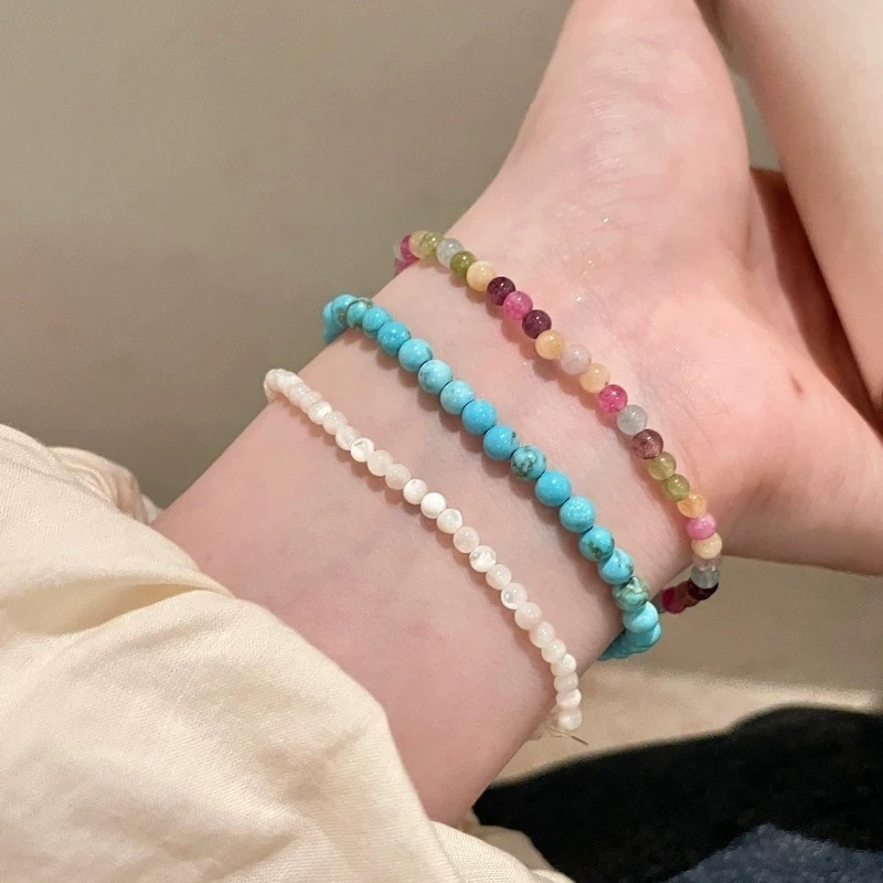 Summer Colorful Tourmaline Beaded Bracelet for Women 2025 New Style Turquoise Bracelet with White Mother-Of-Pearl Multi-Layered Stackable Jewelry