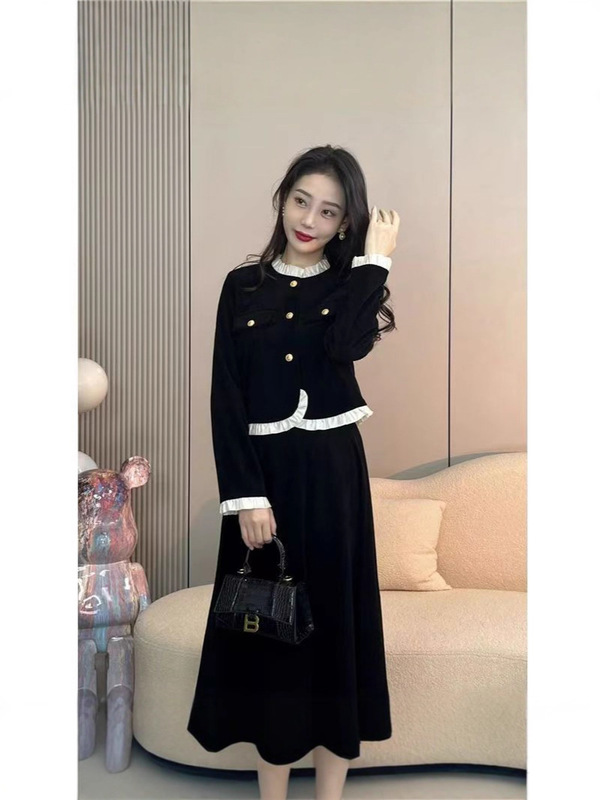 时尚套装女长袖上衣外套半身裙秋冬木耳边设计感半身裙拼接两件套|undefined