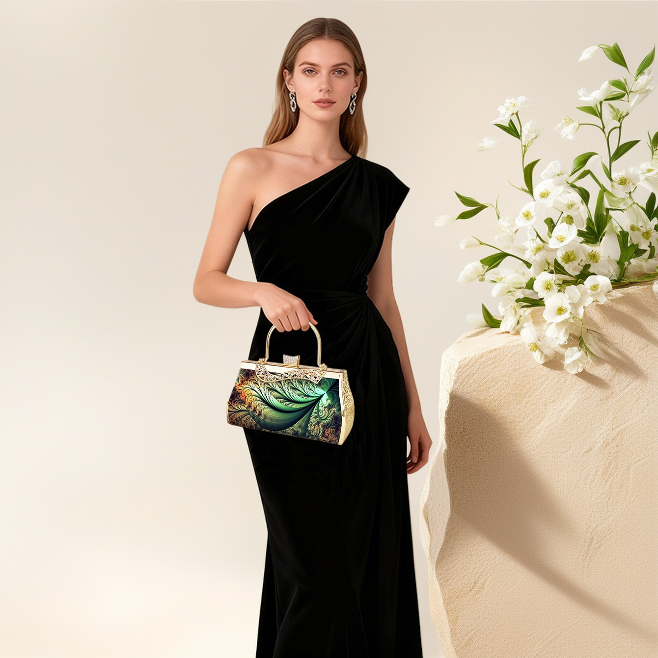 Elegante Abendtasche In Smaragdgrün Mit Blumenmuster Und Gold_voghion.com