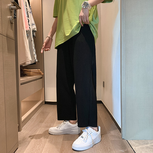 Pleated, drag-feeling, wide-leg casual pants, men's summer thin Korean trend loose straight color nine-quarter sweatpants