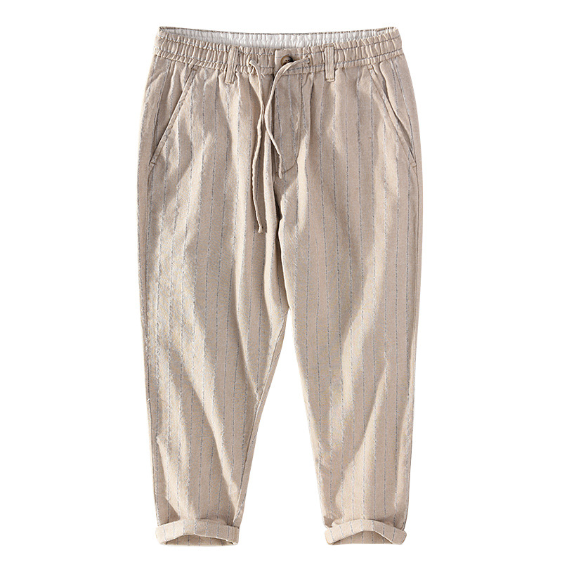 Pantalon décontracté homme rayé coton lin taille élastique_voghion.com