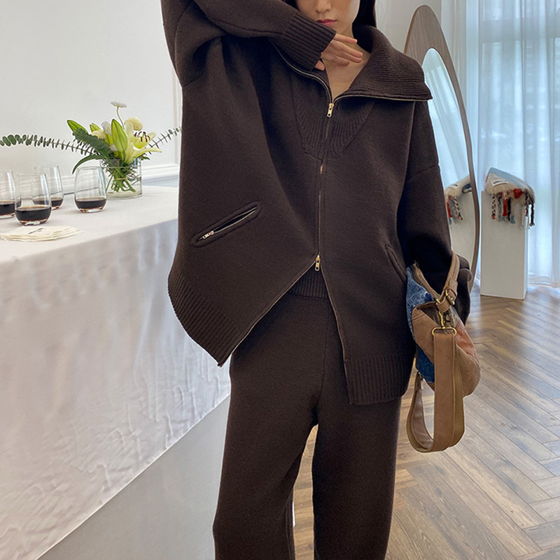 패셔너블하고 게으른 캐주얼 정장 더블 지퍼 라펠 스웨터 가디건 + 스트레이트 레그 할머니 바지 판매 준비 |