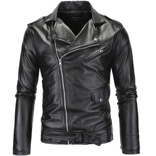 Cross-border Foreign Trade 2025 Spring Men's Jacket Motorcycle Slim-fit Trend Casual Lapel Oblique Zipper Leather Jacket for Men
