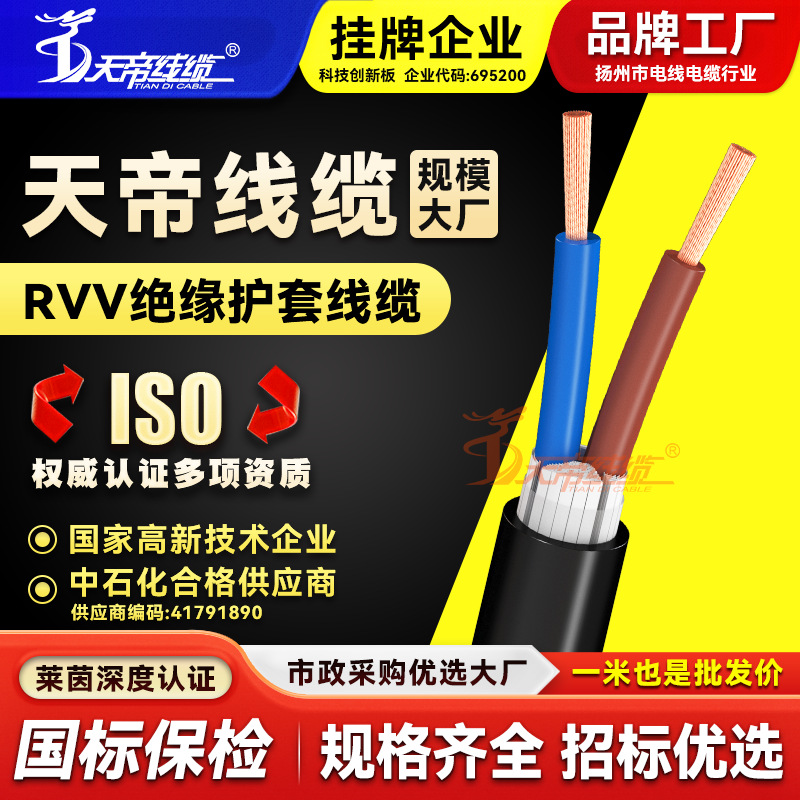 厂家直销绝缘导线电源线rvv2芯0.5 0.75 1 1.5 2平方护套铜芯电缆