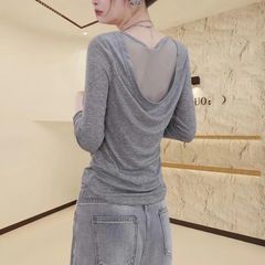 气质高级感秋季新款网纱拼接露背人棉长袖T恤女装打底衫上衣跨境