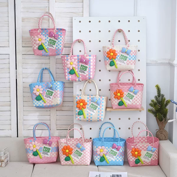 Dopamine Large-Capacity Souvenir Tote Bag Colorful Storage Blue Shopping Woven Beach Bag Women's DIY Tote Bag