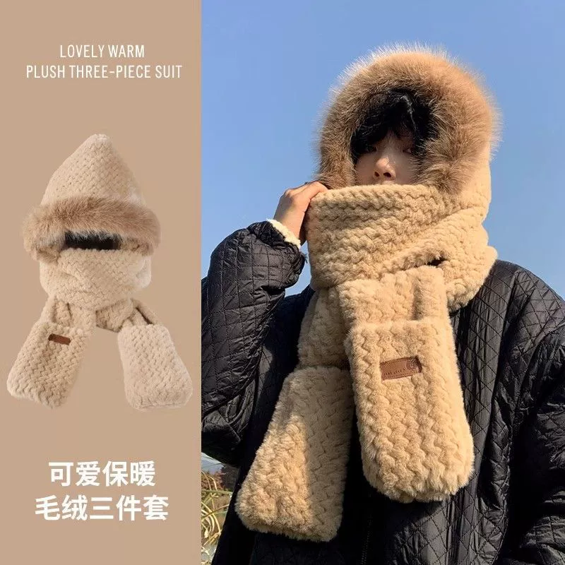 Мужская и женская шапка, шарф и перчатки в одном стиле, комплект из трех предметов, утолщенный теплый шарф с капюшоном, зимняя уличная универсальная универсальная шапка